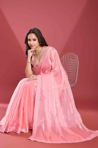 Peach Soft Tissue Embroidered Saree With Unstitched Blouse Piece