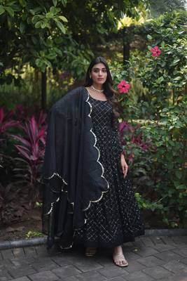 Black georgette sequence embroidery flaried designer gown with dupatta 1