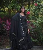 Black georgette sequence embroidery flaried designer gown with dupatta
