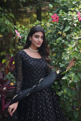 Black georgette sequence embroidery flaried designer gown with dupatta 2