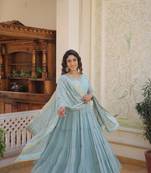 Sky georgette embroidery flaried designer gown with dupatta