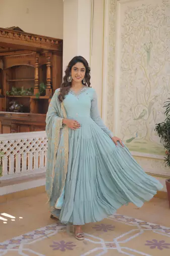 Sky georgette embroidery flaried designer gown with dupatta