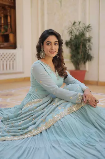 Sky georgette embroidery flaried designer gown with dupatta