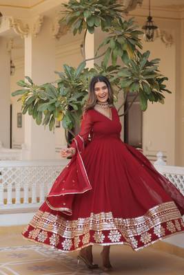 Maroon georgette multi sequins flaried designer gown with dupatta 2