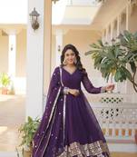 Purple georgette multi sequins flaried designer gown with dupatta