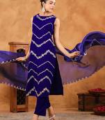 Janasya women's royal blue velvet zari embroidered straight kurta set