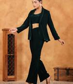Janasya women's dark green velvet solid crop top with pant & jacket set