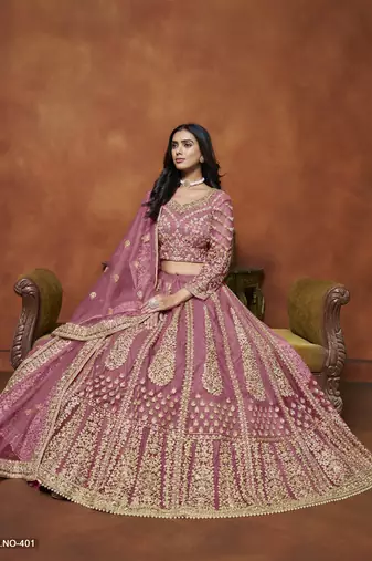 Pink Embroidered Net Designer Lehenga With Blouse
