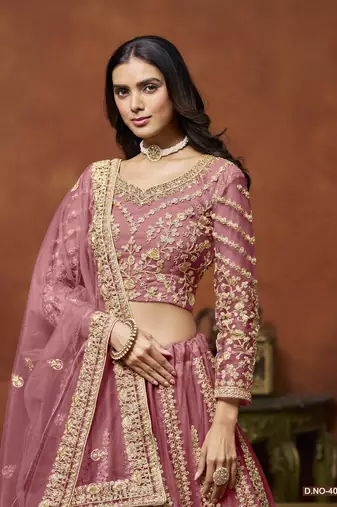 Pink Embroidered Net Designer Lehenga With Blouse
