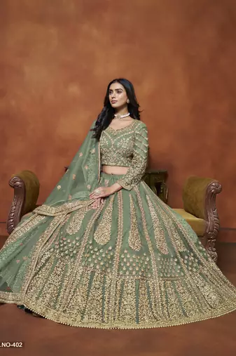 Light_Green Embroidered Net Designer Lehenga With Blouse