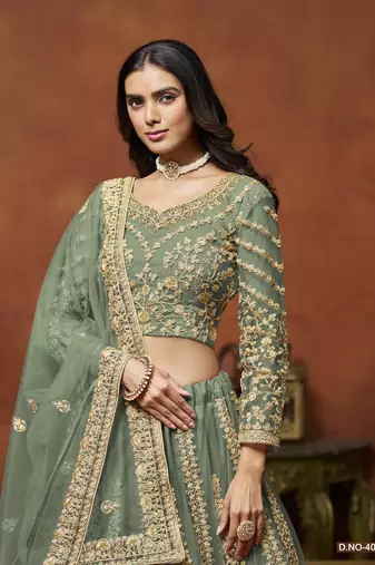 Light_Green Embroidered Net Designer Lehenga With Blouse