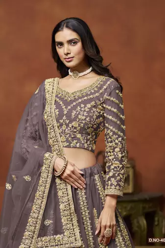 Purple Embroidered Net Designer Lehenga With Blouse