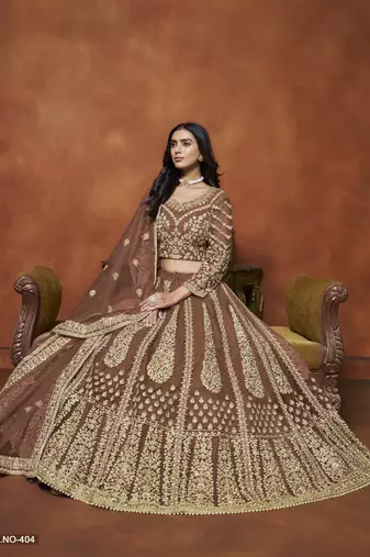 Brown Embroidered Net Designer Lehenga With Blouse