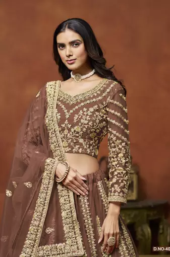 Brown Embroidered Net Designer Lehenga With Blouse
