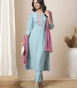 Embroidered straight fit silk blend kurta paired with lined pants and crushed dupatta.