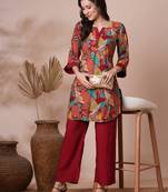 Printed center pleated co-ord set with stitchlines on neck and cuff with tassel detailing, paired with palazzo.