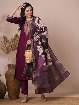 Embroidered a line silk blend kurta paired with printed dupatta and lined pants. 1