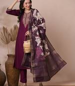 Embroidered a line silk blend kurta paired with printed dupatta and lined pants.