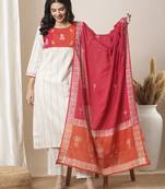 Straight kurta suit set features a handloom yoke embellished with dori work.