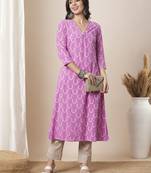 Dhabu print a line kurta with intricate hand embroidery.