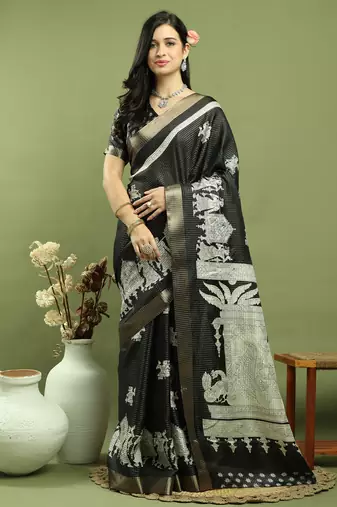 black silk blend zari saree