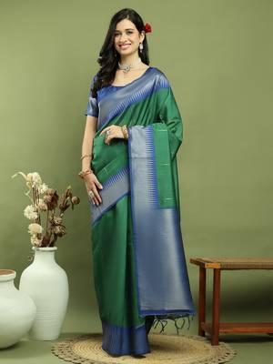 green silk blend zari saree 1
