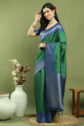green silk blend zari saree