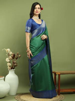 green silk blend zari saree 4