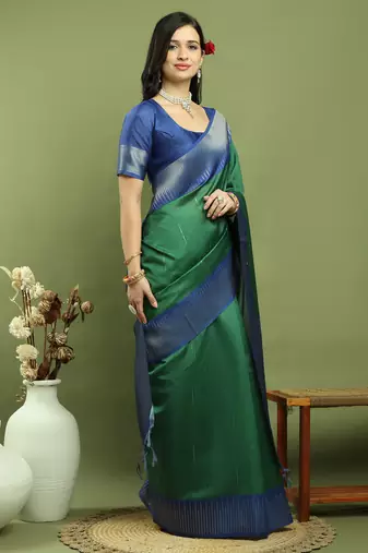 green silk blend zari saree