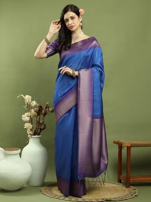 blue silk blend zari saree 1