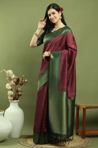 burgundy silk blend zari saree