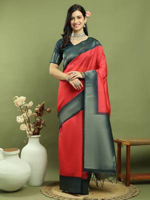 red silk blend zari saree 1