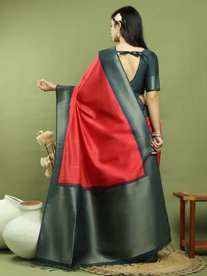 red silk blend zari saree 2