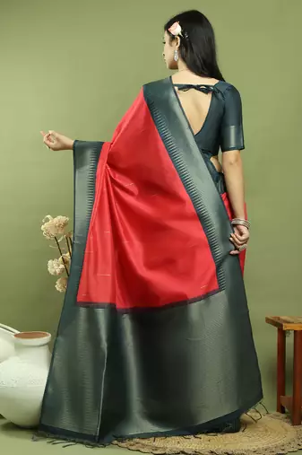 red silk blend zari saree