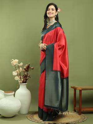 red silk blend zari saree 3