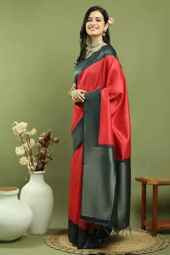 red silk blend zari saree