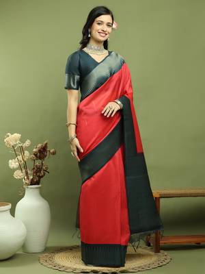 red silk blend zari saree 4