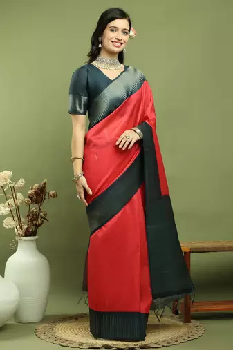 red silk blend zari saree
