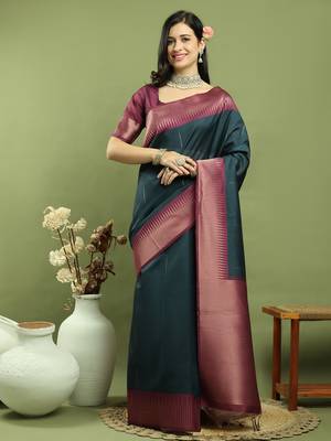 teal silk blend zari saree 1
