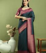 teal silk blend zari saree