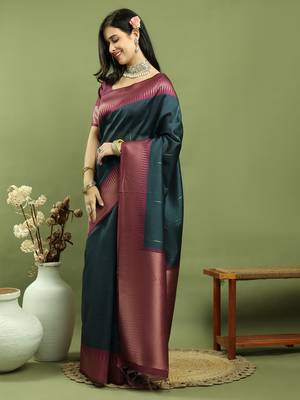 teal silk blend zari saree 3
