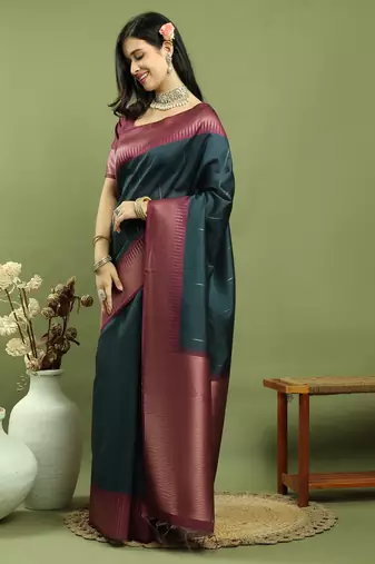 teal silk blend zari saree