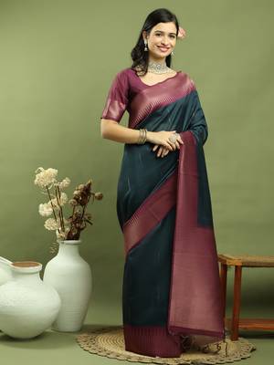 teal silk blend zari saree 4