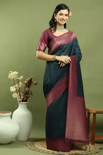 teal silk blend zari saree