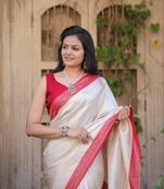 Cream Soft Silk Saree,Jacquard Weaving Border Saree