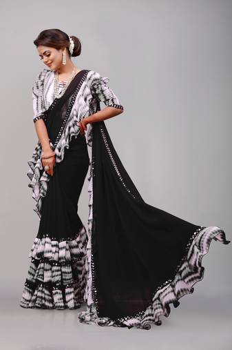 Georgette sibori print ruffle saree with blouse piece