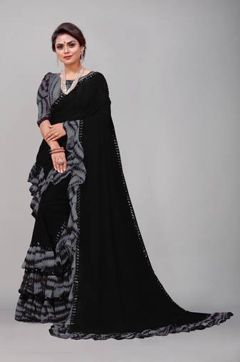 Georgette sibori print ruffle saree with blouse piece