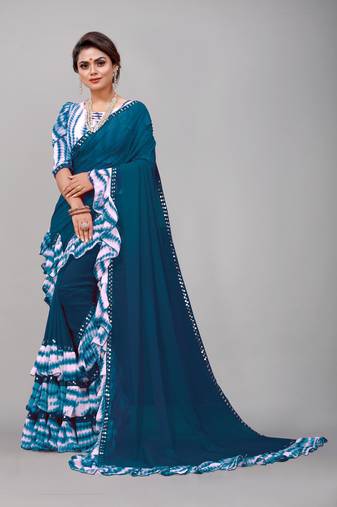 Georgette sibori print ruffle saree with blouse piece
