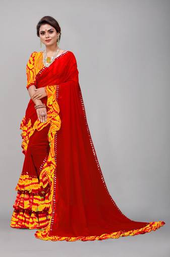 Georgette sibori print ruffle saree with blouse piece