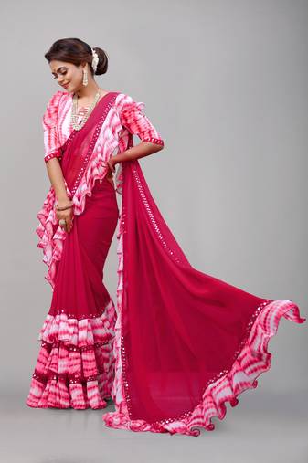 Georgette sibori print ruffle saree with blouse piece